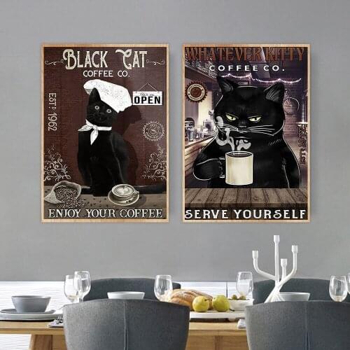 Funny Black Cat Poster Print Serve Yourself Enjoy Your Coffee Quote Canvas Painting Kitchen Picture on the Wall Home Decoration