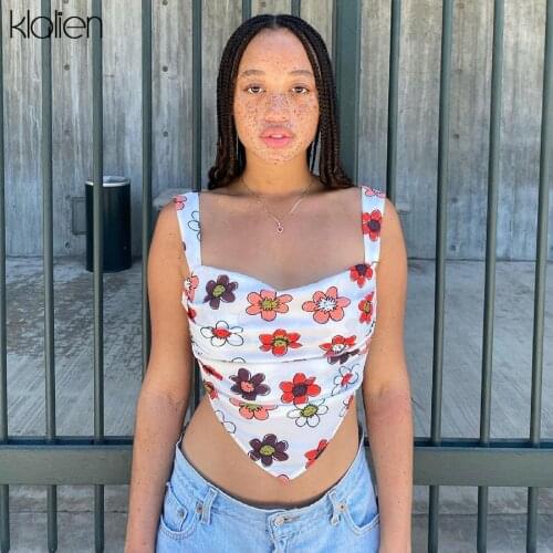 KLALIEN Fashion Cute Sweet Print Floral College Style Tank Top Female New Slim Simple Soft Wild Basic Streetwear Cropped Top