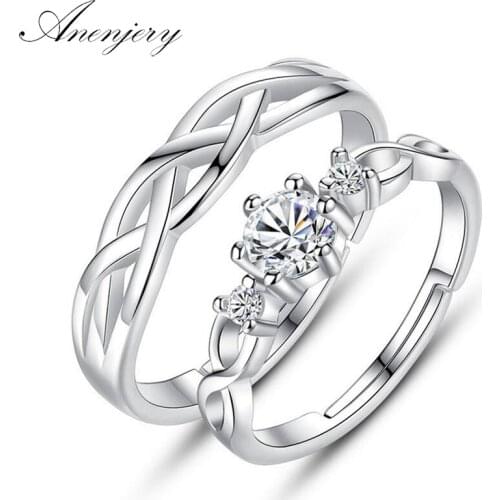 ANENJERY 925 Sterling Silver New Fashion Couple Rings Twisted Cross CZ Engagement Wedding Rings For Women Men Jewelry S-R257