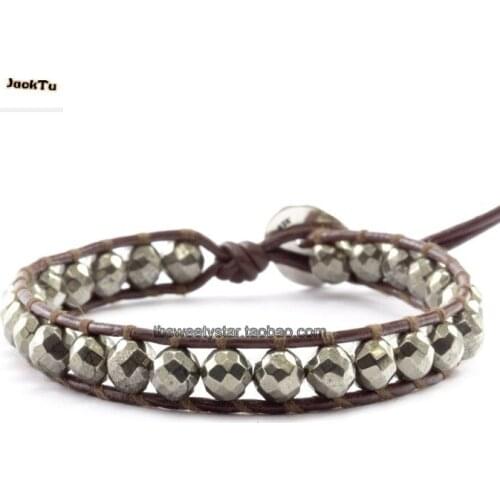Pyrite Single Wrap Bracelet on Brown Leather Woman Bracelet