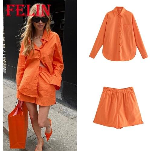 Za 2021 Women Chic Orange Stylish Sets Oversized Long Sleeve Single Button Shirts and High Waist Wide Leg Shorts Elegant Suits