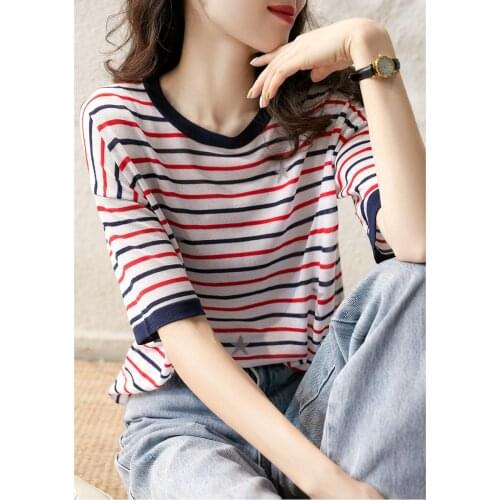2021 New Summer Women Sweater V-Neck Stripe color Knitted pullove Short sleeve Slim Summer tops Female Casual Jumper