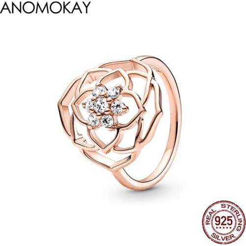 Anomokay Rose Gold Color Openwork Rose Flower Rings for Women Mom Gift Real 925 Silver Ring Set with White Crystal