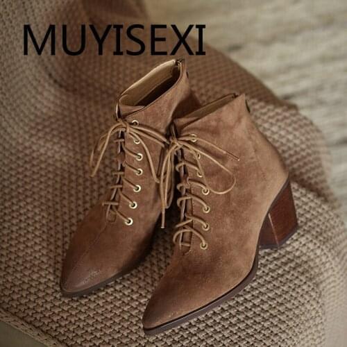Winter genuine leather lace up zipper pointed toe 6cm high heels keep warm vintage concise mature office lady boot TN11 MUYISEXI