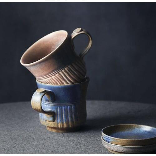 380ml Japanese B Retro Ceramic Coffee Cup and Saucer Office Stoneware Single Tea Mug Modern Home Kiln Change Breakfast Milk Cup