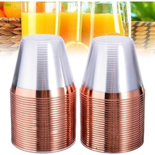 50pcs/lots Clear Champagne Wine Glass Rose Gold Border Edge Disposable Wine Cup For Wedding Party Juice Cocktail Drinking