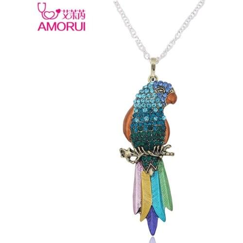 AMORUI Fashion Parrot Pendant Long Necklace Jewelry Colourful CZ Stone Necklaces Pendants for Women Bijoux Mujer Gift