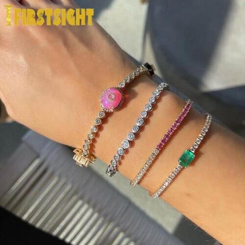 Iced Out AAA Cubic Zirconia 3mm Tennis Chain Bracelet Gold Color Green CZ Square Charm Bracelet Hip Hop Jewelry For Women Men