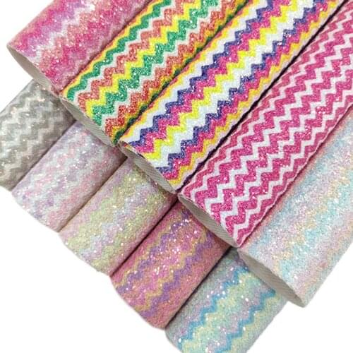 Wave Line Colorful Printed Rainbow Chunky Glitter Faux Artificial Leatherette Fabric Sheet for Making Shoe/Decorative/Hair Bow