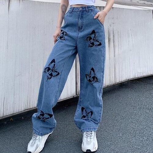 2020 Summer Vintage Jeans Woman Denim Wide Leg Long Trousers Cowboy Female Baggy Casual Loose Streetwear Butterfly Print Pants