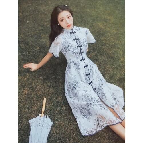 Chinese Dress Blue White porcelain Qipao Retro Fairy Skirt Cheongsams Self Cultivation Skirt Cheongsam clothing Summer Dresses