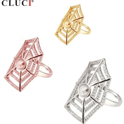 CLUCI Silver 925 Fashion Spider Wed Ring Women Jewelry Adjustable Big Pearl Ring Mounting Sterling Silver Zircon Ring SR2039SB