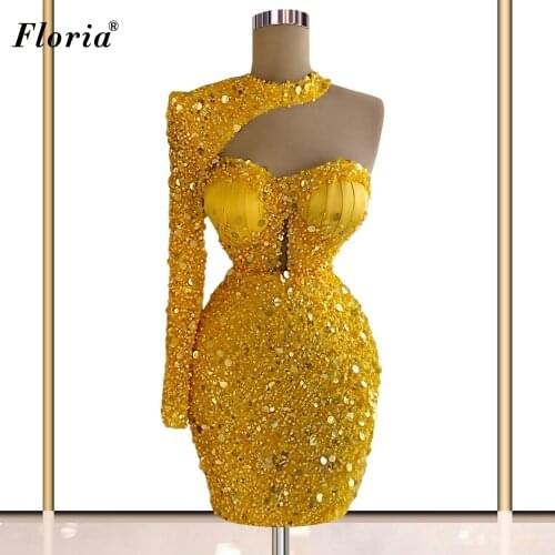 Short Glitter Yellow Cocktail Dresses Arabic Cute Prom Party Dresses Summer Beach Evening Gown Turkish Couture Robes De Cocktail