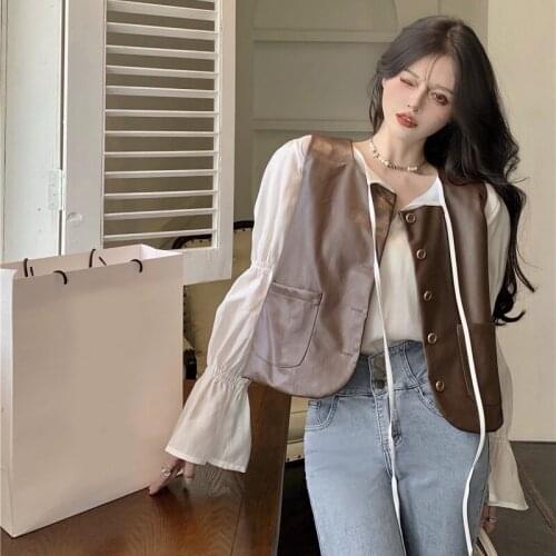 Leather Vest Womens Spring and Autumn Retro Vest Loose Short Brown Overalls Vest Suit Jacket