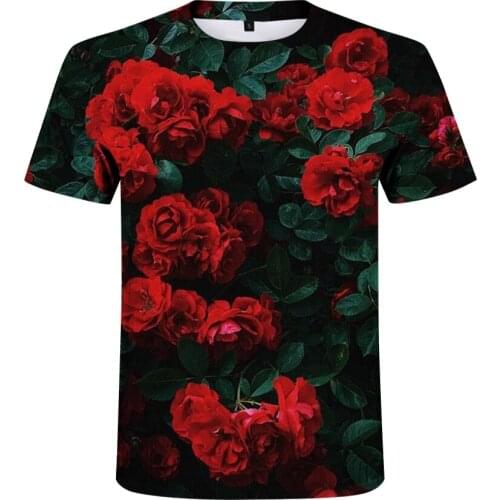 Mens and womens 3D flower print T-shirts mens and womens fashion casual short-sleeved tops fashionable hip-hop couple tops