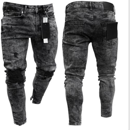 2021 New Mens Skinny Ripped Biker Jeans Distressed Stretch Denim Pants Slim Fit Trousers Solid color