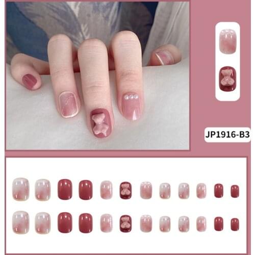 24Pcs/Set Fake Nails With Glue 3D Bear Pearls Inlaid Long Detachable Nail Stickers Glossy Press on Nails Art DIY Manicure Tools