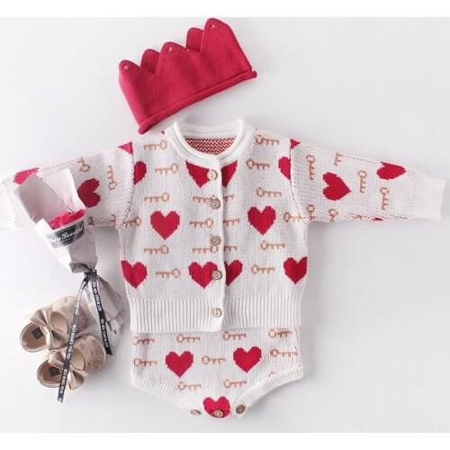 Autumn Baby Girl Suit Baby Cotton Knit Suit love jacket +Romper 2PCS Beautiful Newborn Clothing