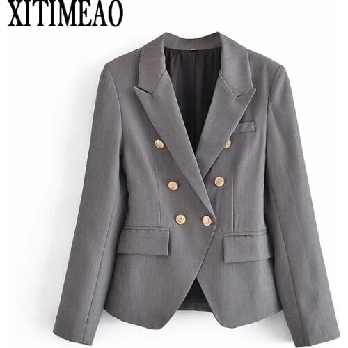 Za Women Fashion With Metal Buttons Blazers Coat Vintage Long Sleeve Grey Slim Suit Coat Female Outerwear Chic Tops