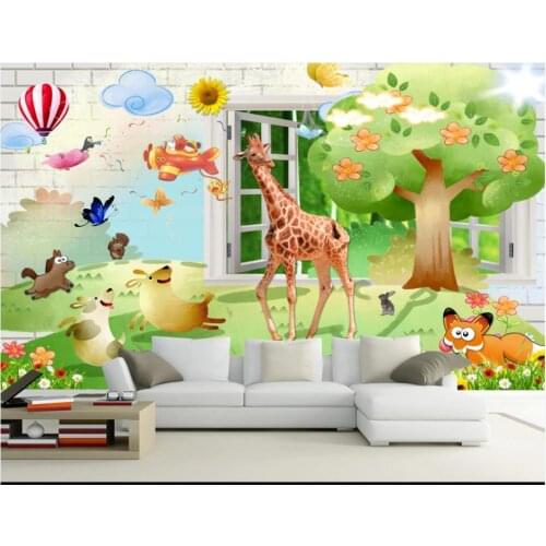Custom photo wallpaper 3d murals wallpaper for living room Scenery outside the window cartoon giraffe children room mural wall