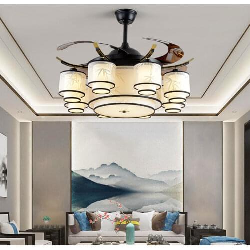 Home 48 Inch 3 Hidden Blade Retractable Ceiling Fan With Chandelier Lamp Light Household Electrical Appliances Invisible Blades