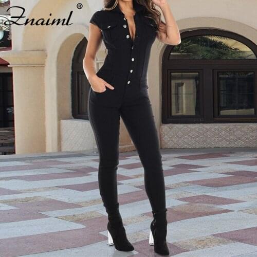 Znaiml Casual Streetwear Skinny Short Sleeve Button Denim Jumpsuit Women Black Color Slim High Waist Street Trend Pencil Romper