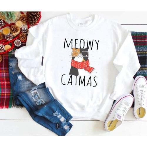 Meowy Catmas Colored Sweatshirt Funny Casual Catmas Fashion Clothing Hoodies Hipster 100% Cotton Tumblr Cats Christmas Crewneck
