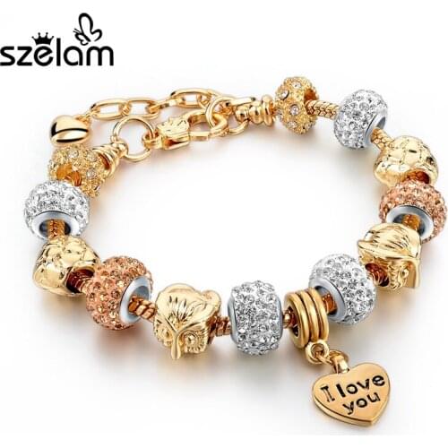 Szelam Heart Charm Bracelet Gold With Crystal Beads Fashion Women Bracelets Bangles DIY Jewellery Pulseras SBR160040