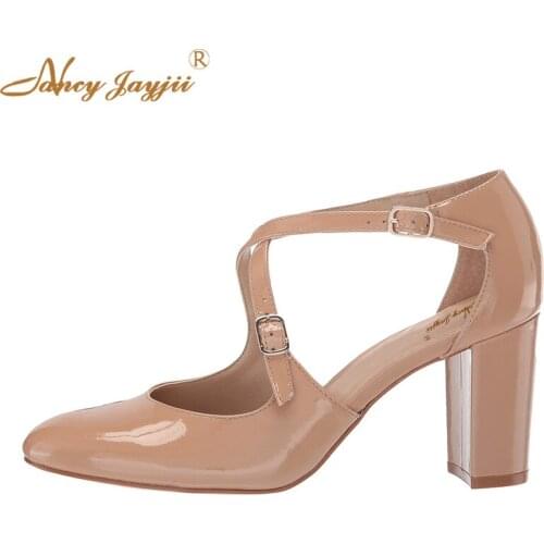 Cross Strap Nude Block Heels Patent Leather Pumps Instep Cross Band Shoes Buckle Strap Ladies Dress Shoes Women 2019 NANCYJAYJII