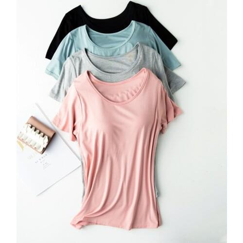 Modal Viscose Pyjama Femme Bra One-Piece Sleepwear 2021 New Women Chest Pad Short Sleeve Pajamas Casual Loose Home Clothes Tops