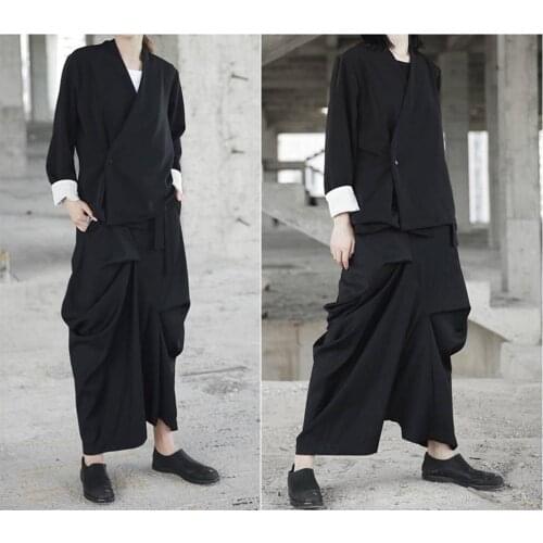 Women Linen Original Design High Waist Wide Leg Culottes Big Crotch Harem Pants /Asymmetrical Slacks Trouser