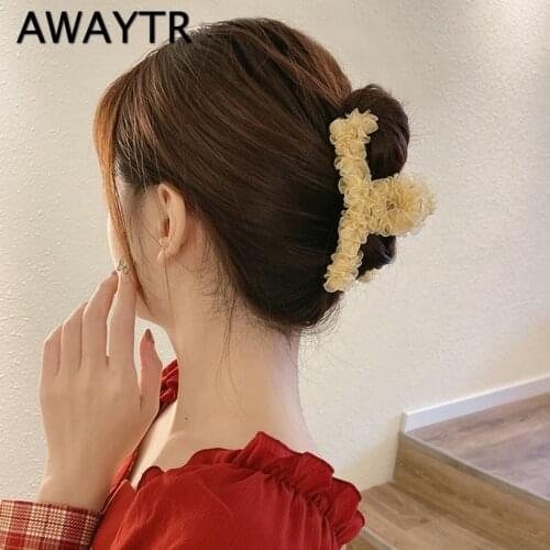 AWAYTR Women Barrettes Organza Hair Claws Hair Accessories Folds Hairclips Hairpins Ladies Hairgrip Girls Ornaments Crab Bands