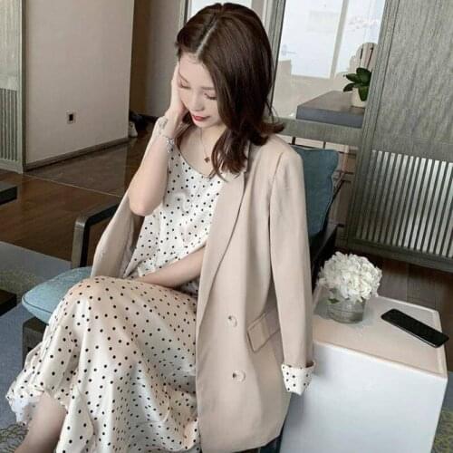 2020 Autumn Blazer Dress Set New Large Size Womens Two Piece Sets Solid Jacket And Sundress Sleeveless Print Dot Vestidos f1576
