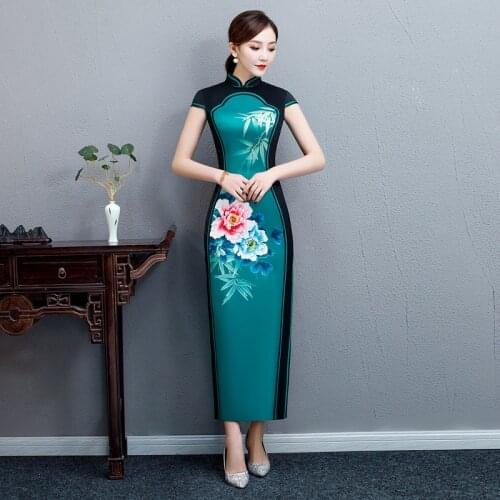 Chinese Style Women Print Slim Cheongsam Retro 2021 Spring Long Satin Qipao Skirt Formal Banquet Straight Chinese Dress Gown 4XL