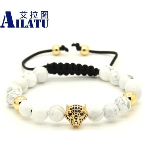 Ailatu 10pcs/lot 8mm Natural White Howlite Marble Stone Blue Zircons Leopard Braided European American Weaving Mens Bracelet