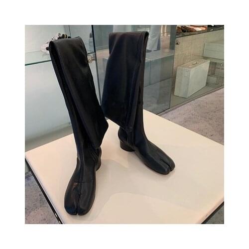 Botines mujer 2021 chunky low heel overknee long Sock boots for woman split toe black leather rain boots luxury tabi bottes