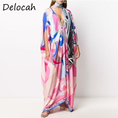 Delocah New 2021 Summer Women Fashion Designer Beach Holiday Maxi Dress Batwing Sleeve Geometric Printed Ladies Long Dresses
