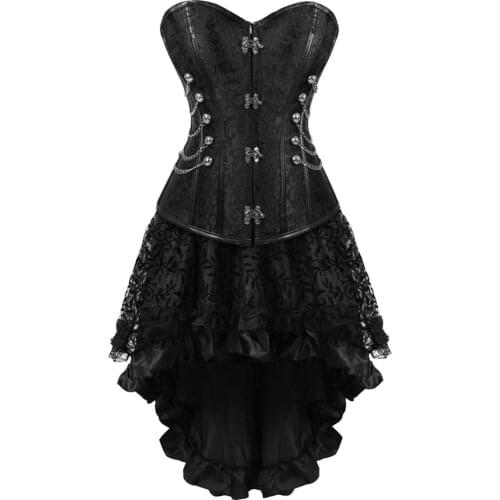 Steampunk Corset and Skirt Women Gothic Boning Steel Bustier Dress Corselet Lace Up Female Evening Gowns Costumes Plus Size