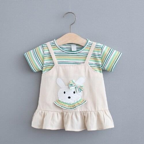 Summer Girls Dress Childrens Wear New Color Striped Short Sleeves Cartoon Cute Little Rabbit Embroidered Children Skirt