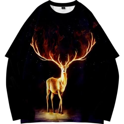 Flame Deer Summer Retro Trend Street Style Fashion Round Neck Fake Two Sweatshirts