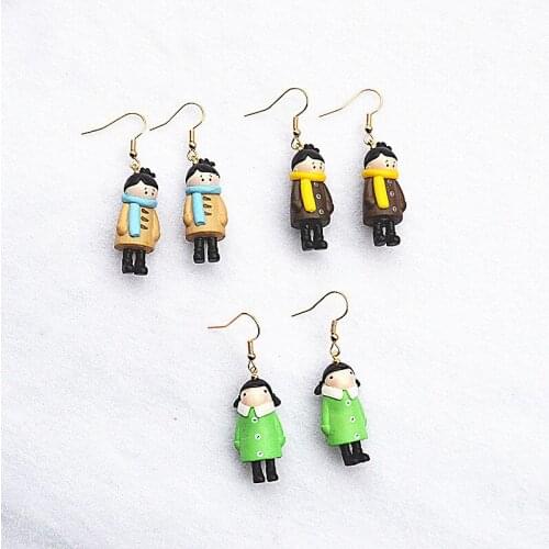 Sweet Cute Cartoon Character Personal Earrings Wear A Coat and Scarf Boy Girl Funny Earrings Student Children Novel Gifts