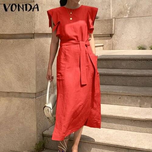 VONDA Sexy Sleeveless Elegant Sundress Dress Fashion Ruffled Women Casual Long 2021 Summer Beach Party Vestidos Belted
