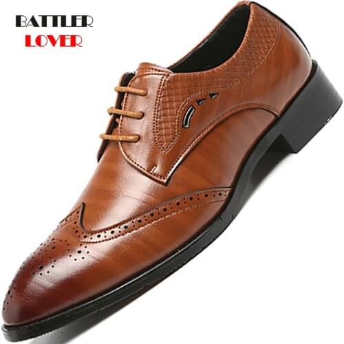 Brand Brogue Brown Red Black Men Business Dress Shoes Pointed Toe Mens Wedding Shoes Genuine Leather Formal Shoes Casual Flats