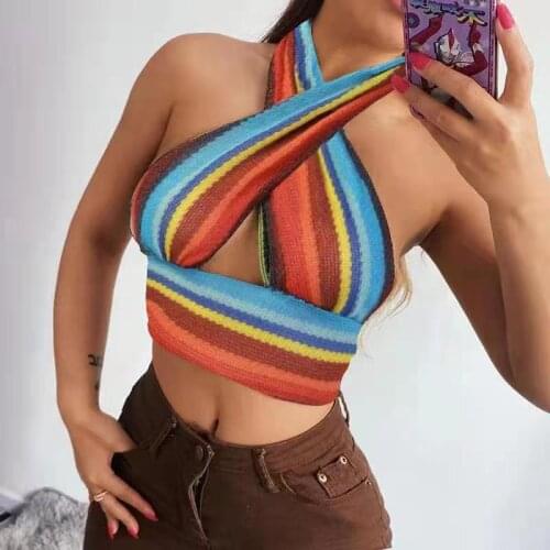 Zoki Y2K Knit Crop Top Women Sexy Summer Plus Size Fashion Striped Camis Halter Bustier Top Harajuku Backless Beach Party Tanks