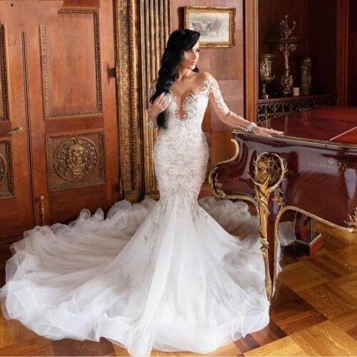 2020 Gorgeous Mermaid Wedding Gowns Bead vestido de noiva Dubai Arabic Bride Dress Lace Appliques Puffy Sleeve Wedding Gowns
