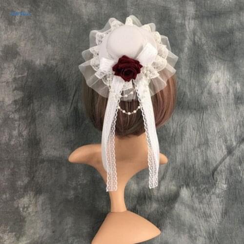 Japanese Lolita Vintage Small Top Hat Hairpin Ruffles Lace Ribbon Bow Aritificial Rose Flower Headdress Stage Performance