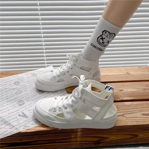 Women Shoes 2021 Fashion Summer Lace Canvas Hollow Breathable Platform Flat Shoes Casual White Shoes Woman Sandals