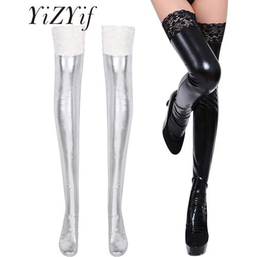 YiZYiF Women sexy tights latex stocking Wetlook Patent Leather Long Sock Thigh High Stay Up Lace Floral Stockings Sexy Lingerie
