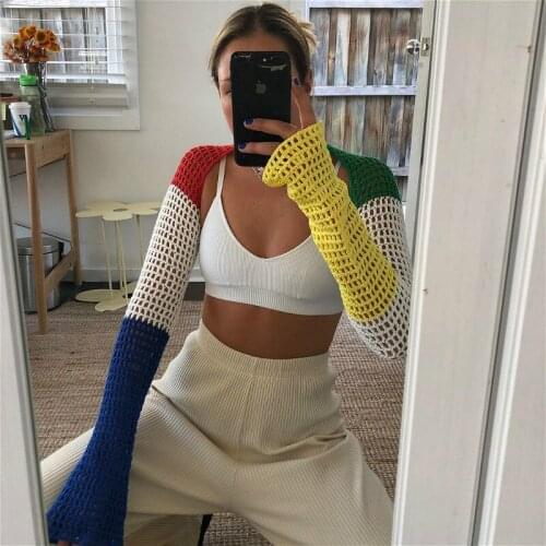 2021 New Knitted Hollow Sweaters Crop Tops Women Autumn Long Sleeve Square Neck Pullover Tops Casual Loose Sweater Knitwear