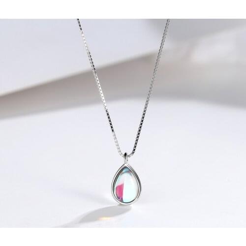 S925 Silver Necklace womens simple Aurora gradient Moonstone Water Drop Pendant collarbone Chain Silver